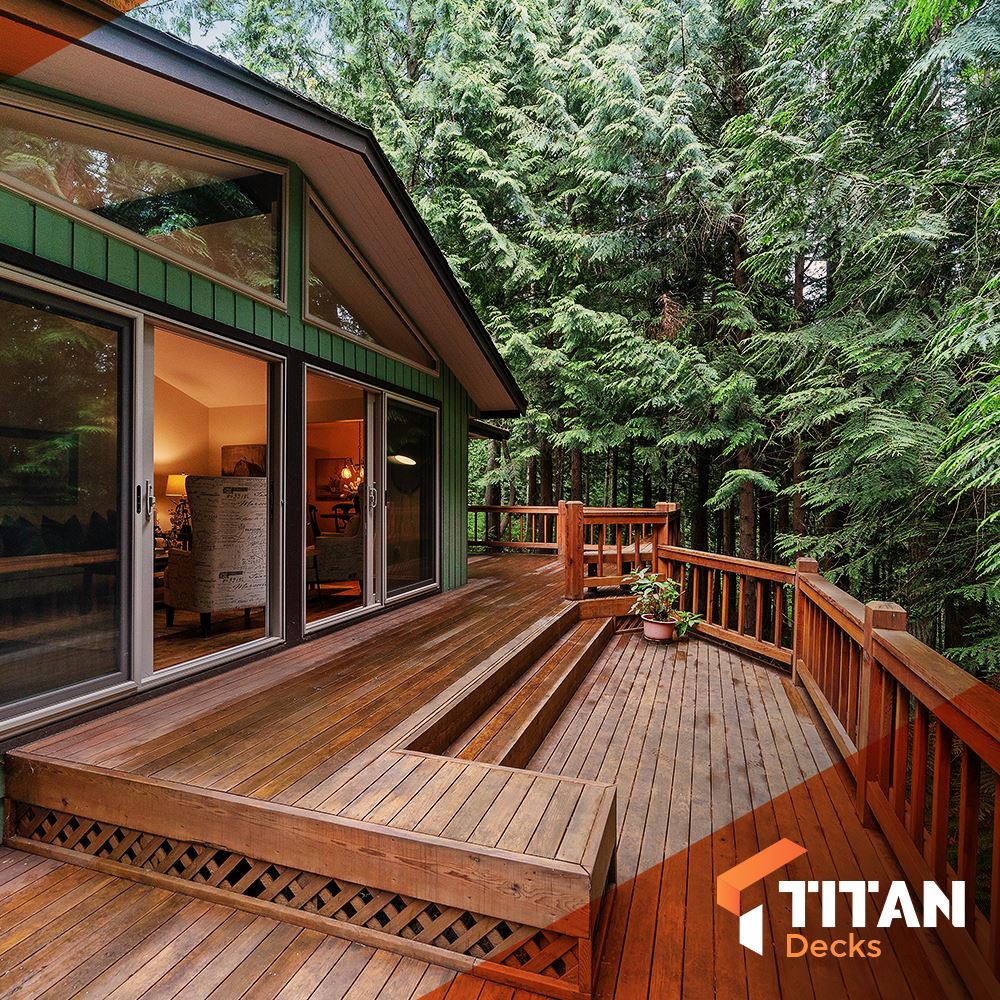 Deck in the forest with the titan decks logo for deck anatomy blog