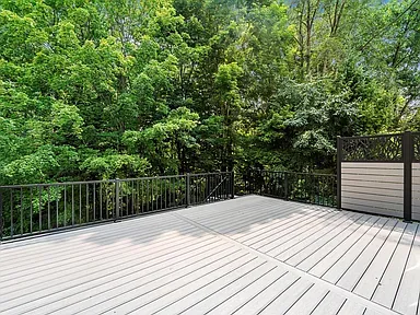 Finished composite deck with black aluminum railing overlooking wooded backyard in Ann Arbor